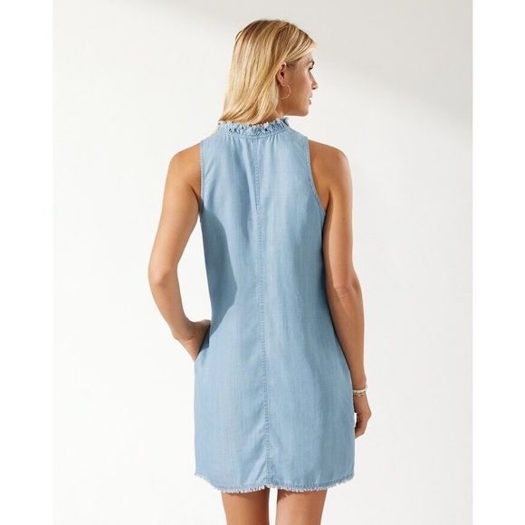 Tommy bahama Chambray Ruffle Dress Medium New Mini Dress Beach Sleeveless Womens - Picture 4 of 8